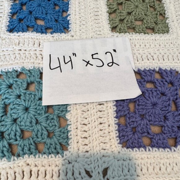 Crochet afghan vintage granny square  blanket throw blue green yellow purple tan - Picture 7 of 7